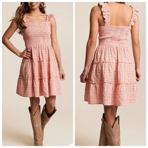 Buckle Pink Smocked Tiered Mini Dress with Ruffle Straps